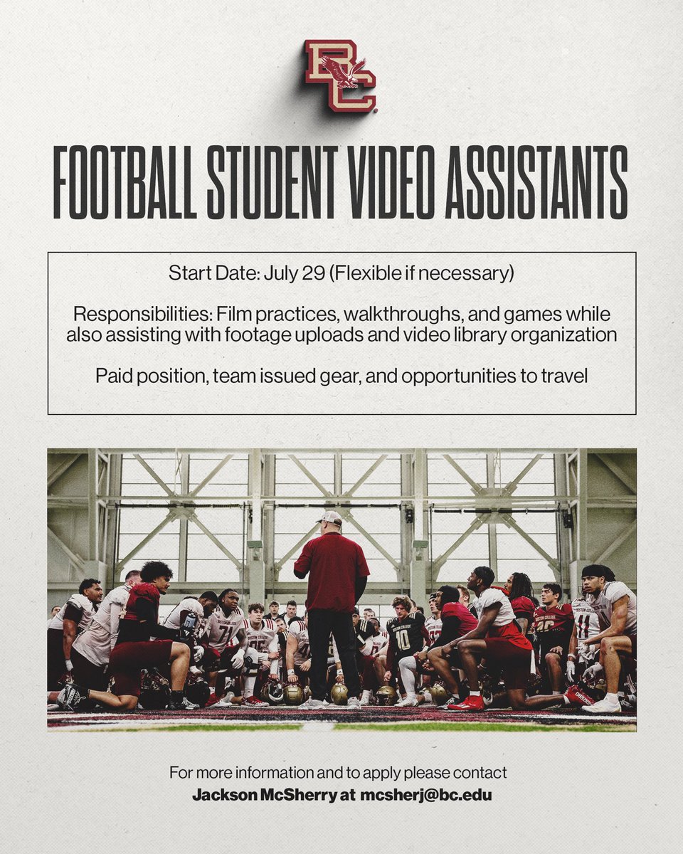 BCFootball's tweet photo. BC Football is hiring student video assistants!

Help film practices, games, and drills. A great opportunity to gain professional experience and be part of the team! https://t.co/57OKMTlali