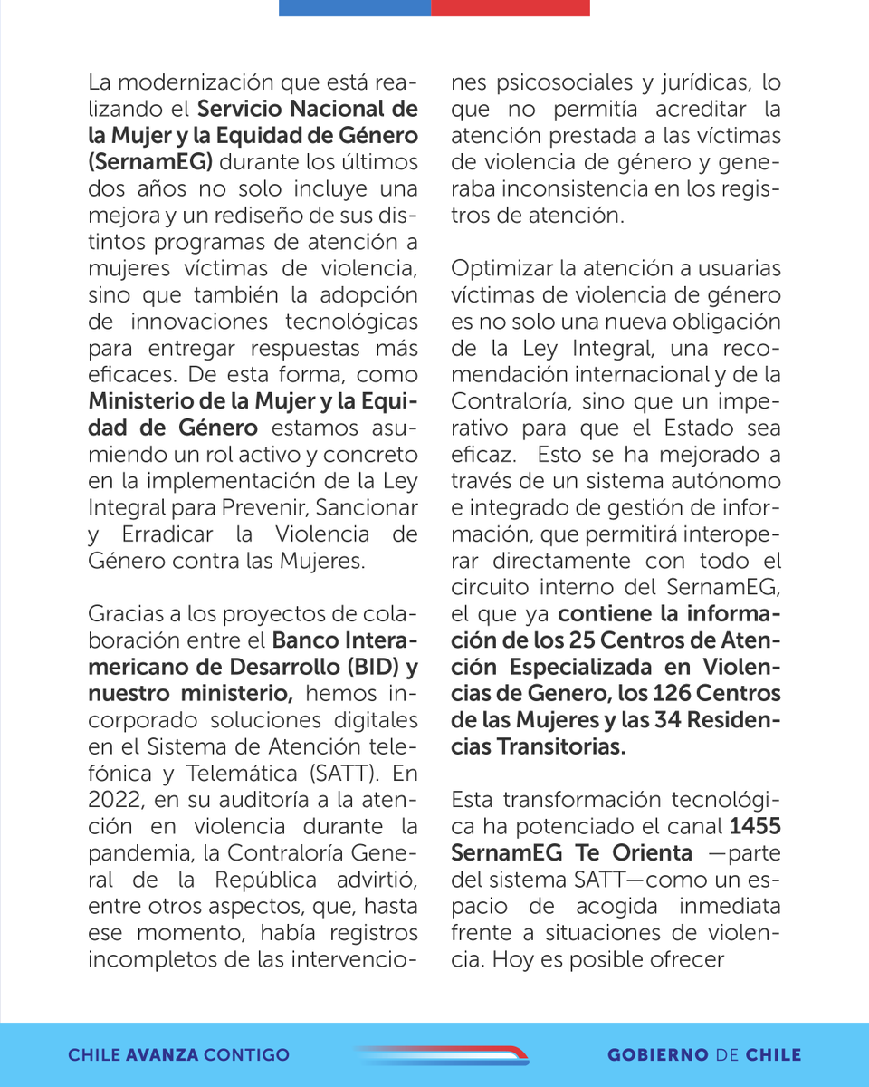 MinMujeryEG's tweet photo. Revisa la columna de la ministra Antonia Orellana y directora Priscilla Carrasco en @La_Segunda sobre el Sistema #SATT, innovación tecnológica que avanza en la implementación de la #LeyIntegral, permitiendo entregar respuestas más eficaces frente a la violencia de género. https://t.co/F4PenQGmQh