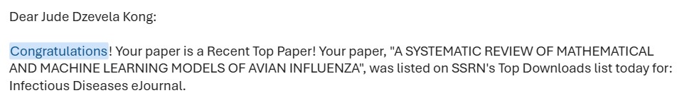 🎉 Exciting News! 🎉
Our preprint, "A Systematic Review of Mathematical and Machine Learning Models of Avian Influenza," is now among the top downloaded papers in the Infectious Diseases eJournal!

📄 Download it for free here: lnkd.in/gGupUSBf