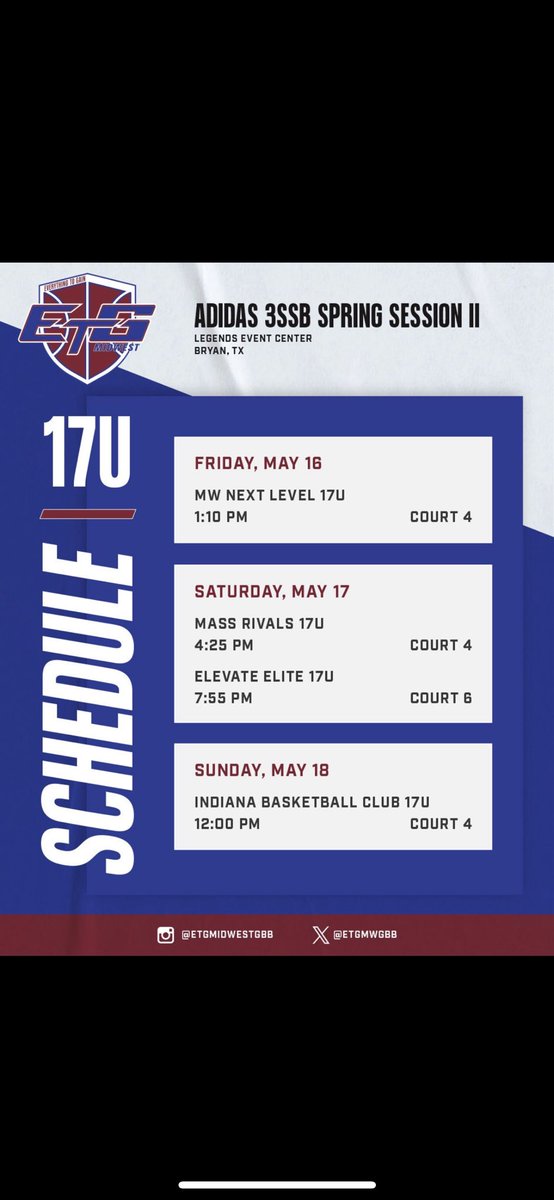 Here is this weekend’s schedule for Adidas Session 2 in Brian TX!!!