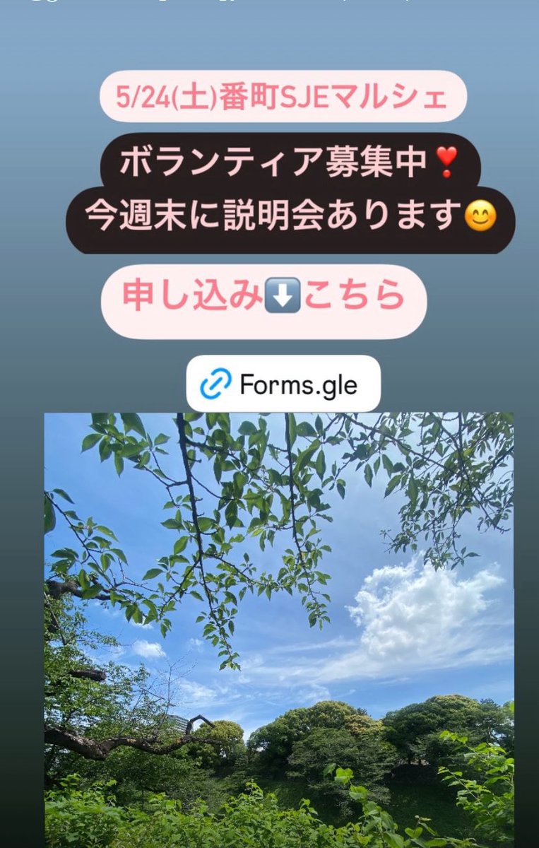 bancho_marche's tweet photo. ＜今週末オンラインにて説明会＞
#番町SJEマルシェ でのボランティア募集❣️

5/24(土)09:00～18:00
雨天時翌日
〇内容
・ブースの準備/片付け
・就労体験ボランティア

事前説明会と当日のお申込みは、下記よりお願いしま
https://t.co/7UOm2nBMV6
問合せ
番町SJEマルシェ実行委員会 https://t.co/WFndohMmgq