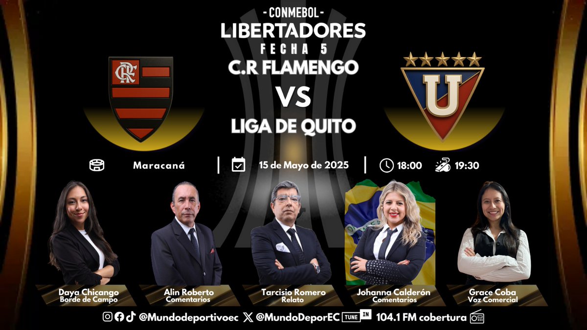 MUNDO DEPORTIVO EC ๐ช๐จ (@mundodeporec) on Twitter photo ๐ยกLIBERTADORES! Tambiรฉn estaremos desde el Maracanรก por la 5 fecha de la #CopaLibertadores
<a href="/Flamengo/">Flamengo</a> ๐ง๐ท ๐ ๐ช๐จ <a href="/LDU_Oficial/">LDU Oficial</a>
๐๏ธ <a href="/TarcisioRomero/">Tarcisio Romero</a>
๐๏ธ <a href="/johacalderon11/">Johanna Calderรณn</a>
๐๏ธ <a href="/alinroberto/">๐จ๐๐๐ ๐น๐๐๐๐๐๐ ๐ธ๐๐๐๐๐๐๐๐ ๐ผ.</a>
๐๏ธ <a href="/ChicangoDayana/">Dayana Chicango</a>
๐ฃ๏ธ <a href="/gracewalker_23/">Grace Coba Yar</a> ๐ยกLIBERTADORES! Tambiรฉn estaremos desde el Maracanรก por la 5 fecha de la #CopaLibertadores
<a href="/Flamengo/">Flamengo</a> ๐ง๐ท ๐ ๐ช๐จ <a href="/LDU_Oficial/">LDU Oficial</a>
๐๏ธ <a href="/TarcisioRomero/">Tarcisio Romero</a>
๐๏ธ <a href="/johacalderon11/">Johanna Calderรณn</a>
๐๏ธ <a href="/alinroberto/">๐จ๐๐๐ ๐น๐๐๐๐๐๐ ๐ธ๐๐๐๐๐๐๐๐ ๐ผ.</a>
๐๏ธ <a href="/ChicangoDayana/">Dayana Chicango</a>
๐ฃ๏ธ <a href="/gracewalker_23/">Grace Coba Yar</a>