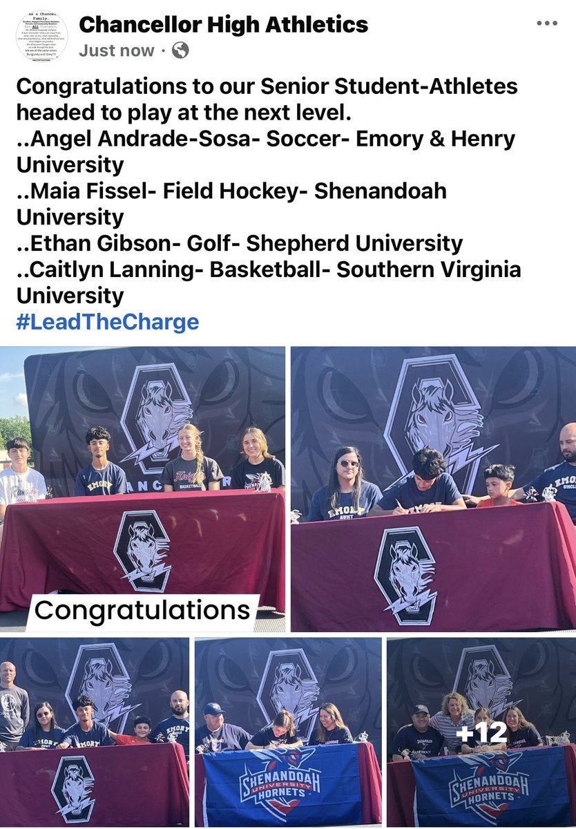 Chancellor Athletics (@chanathletics) on Twitter photo Congratulations to our Senior Student-Athletes headed to play at the next level.
..Angel Andrade-Sosa- Soccer- Emory & Henry Univ
..Maia Fissel- Field Hockey- Shenandoah Univ
..Ethan Gibson- Golf- Shepherd Univ
..Caitlyn Lanning- Basketball- Southern Virginia University Congratulations to our Senior Student-Athletes headed to play at the next level.
..Angel Andrade-Sosa- Soccer- Emory & Henry Univ
..Maia Fissel- Field Hockey- Shenandoah Univ
..Ethan Gibson- Golf- Shepherd Univ
..Caitlyn Lanning- Basketball- Southern Virginia University