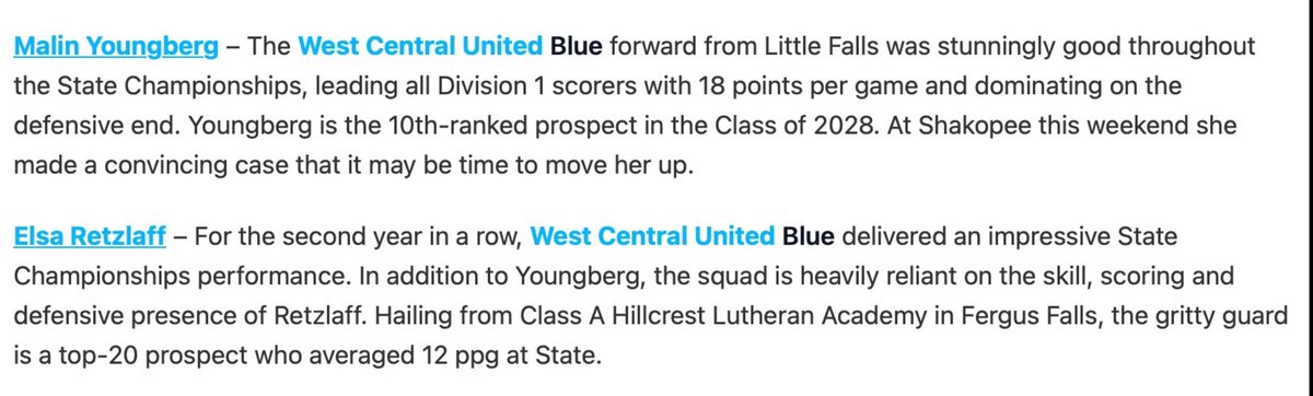 Malin Youngberg (@malinyoungberg) on Twitter photo Congratulations to all the girls who made the AAU State Championships All Tournament Teams. It’s fun to share the first team honor with my <a href="/WCUgirlshoops/">West Central United Girls</a> teammate <a href="/ElsaRetzlaff10/">Elsa Retzlaff</a>! Thank you <a href="/GMacHoops/">Grant McGinnis</a>, <a href="/AllyMcGinnis2/">Ally</a>, and <a href="/PGHMinnesota/">Prep Girls Hoops Minnesota</a> for promoting Minnesota Girls Basketball. Congratulations to all the girls who made the AAU State Championships All Tournament Teams. It’s fun to share the first team honor with my <a href="/WCUgirlshoops/">West Central United Girls</a> teammate <a href="/ElsaRetzlaff10/">Elsa Retzlaff</a>! Thank you <a href="/GMacHoops/">Grant McGinnis</a>, <a href="/AllyMcGinnis2/">Ally</a>, and <a href="/PGHMinnesota/">Prep Girls Hoops Minnesota</a> for promoting Minnesota Girls Basketball.
