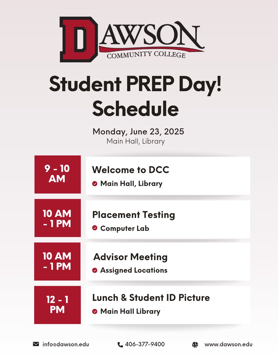 Ready. Set. PREP!
Fall students—this one’s for you! Join us for Student PREP Day and:

✔️ Take your placement tests
✔️ Meet with an academic advisor
✔️ Lock in your fall class schedule

Start your college journey strong! Register now!
dawsoncommunitycollege.formstack.com/forms/prep_day…