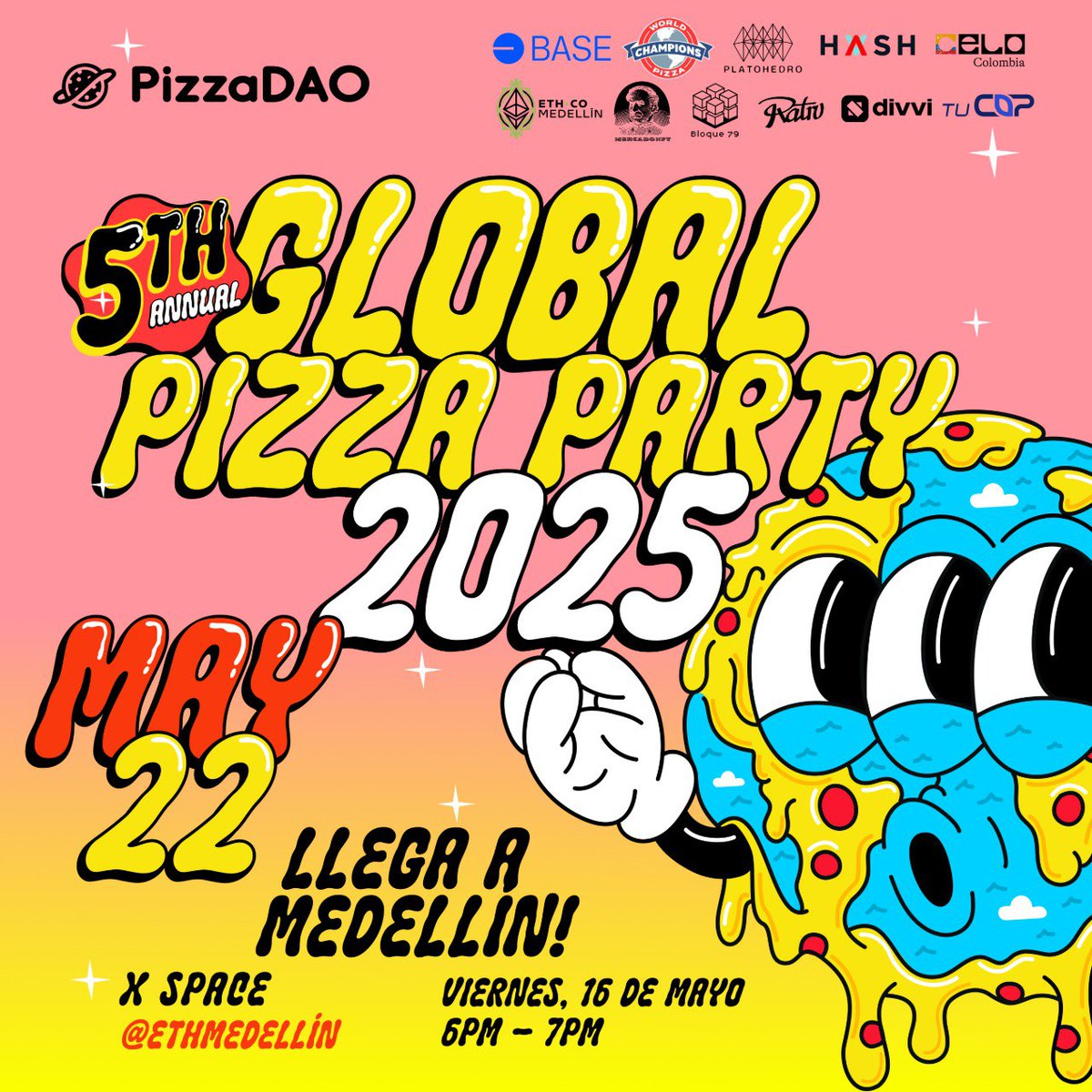 Excelentes noticias, <a href="/letsdivvi/">Divvi</a> y <a href="/TuCopFinance/">TuCop</a> nos acompañarán en esta aventura el 22 de Mayo en Global Pizza Party en Medellin🥳
Pizza Gratis, bebidas, música, mucho networking y más. Recuerda unirte para enterarte de todo en nuestro X Space viernes 6PM  x.com/i/spaces/1lDxL…