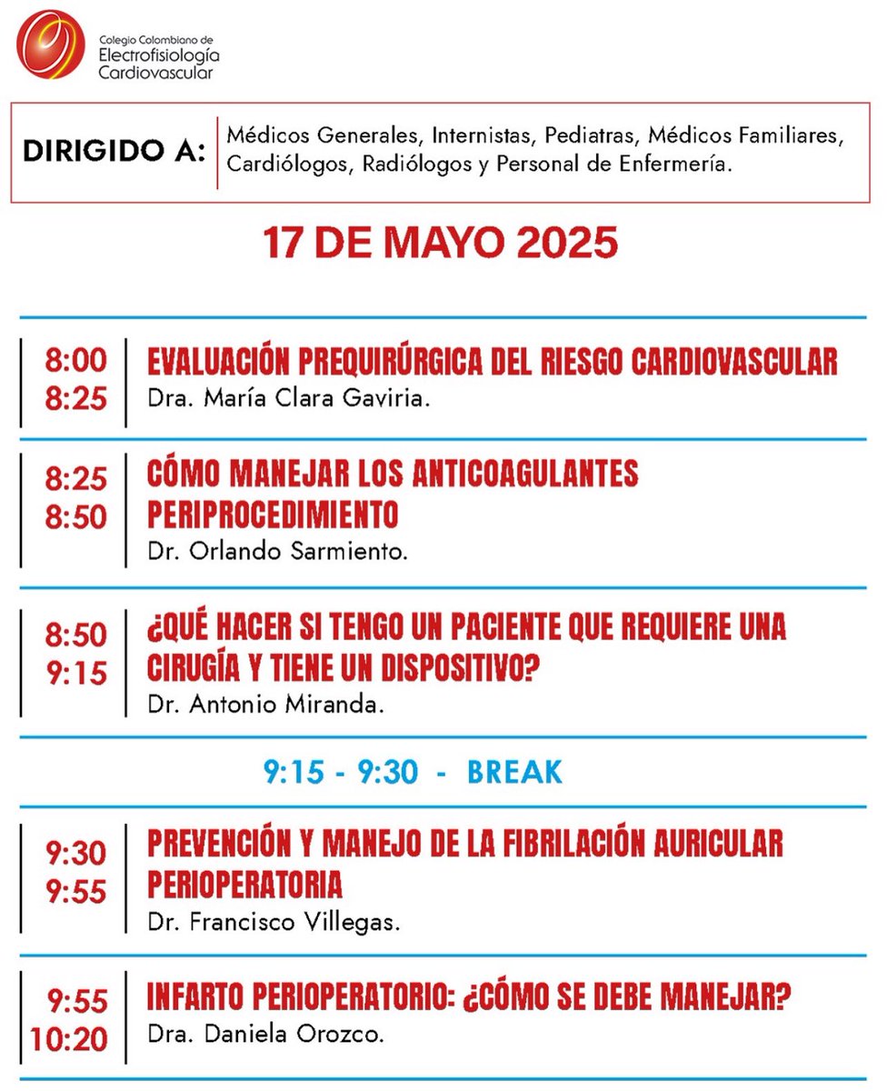 Preparados para este sábado 17 de Mayo?🫀

Te esperamos desde las 8.00am hora Colombia para que nos acompañes en estas interesante ponencias! 

Inscripción gratuita y evento certificado 🔗 inscripciones.colelectrofisiologia.com/eventos/regist…