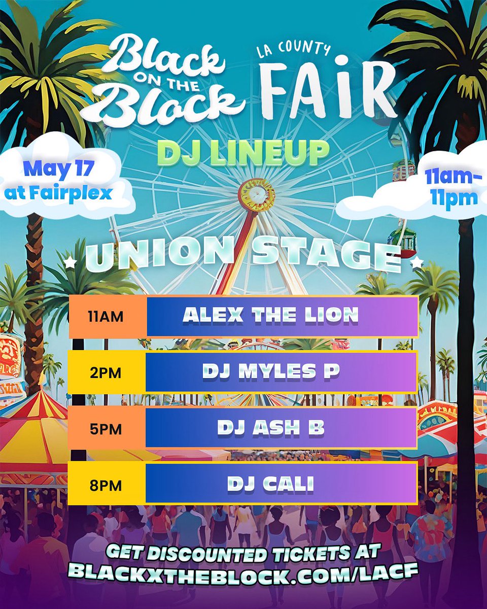 blackxtheblock's tweet image. The BOTB vibes are coming to the @lacountyfair THIS SATURDAY with some of our fave DJS 🎧🎶🔥 We’re turning up all day long with an incredible lineup that you don’t wanna miss!!
It’s gonna be a beautiful Saturday. So grab your family or your friends & meet us at the fair!! 🎡🎉