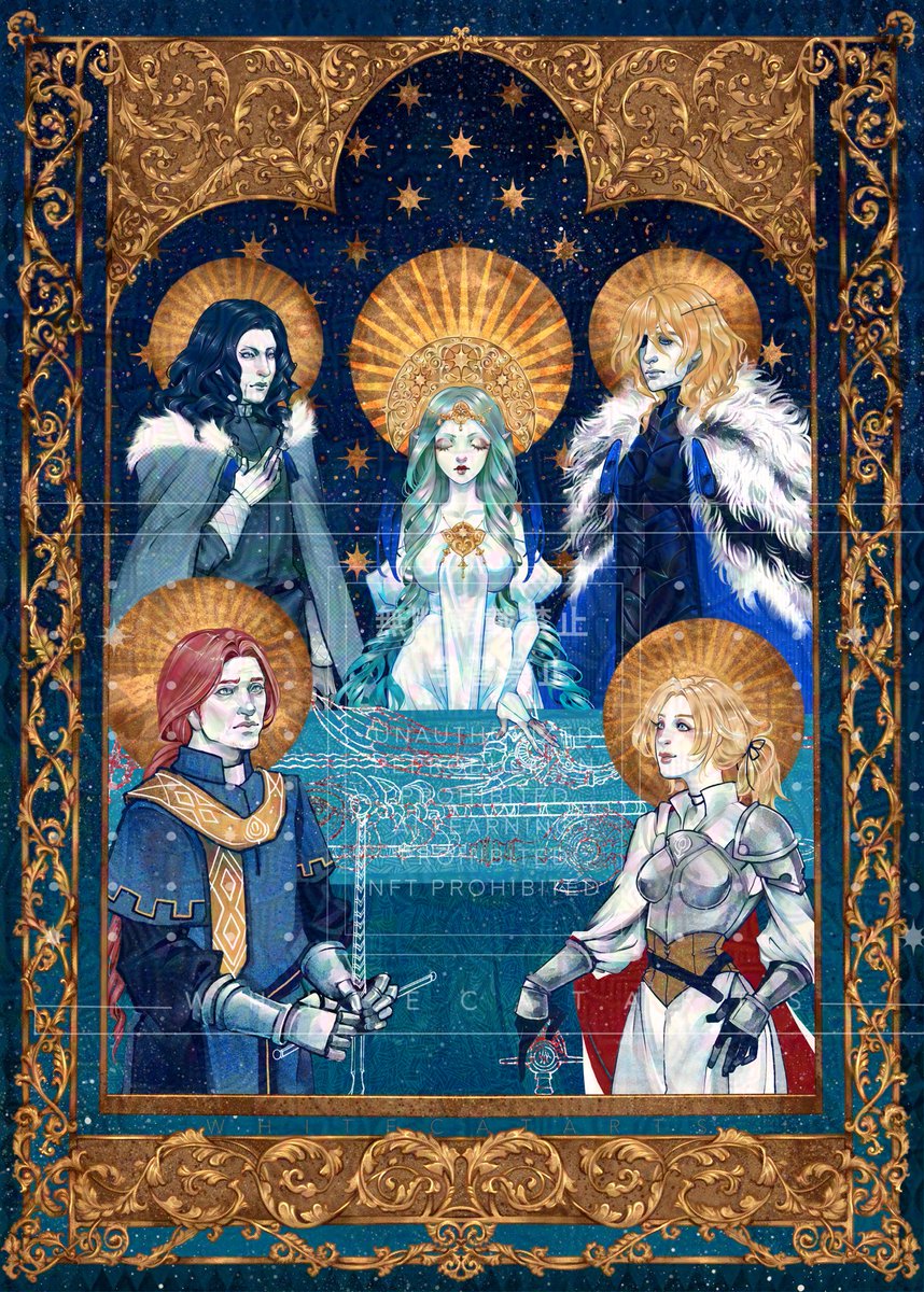 Full illustration for <a href="/FE3H5YearsZine/">Reunion at Dawn PROJECT COMPLETE</a> 

Blue Lions- Holy Weapons 
#FE3H | #Dimitri | #Rhea | + Rodrigue, Catherine and Gilbert