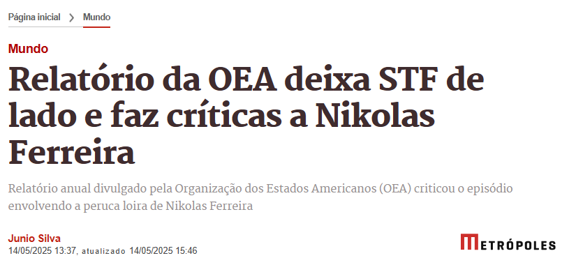 CarlosZarattini's tweet photo. Saiu o tão aguardado relatório da OEA, que a extrema-direita brasileira alardeava como prova definitiva de uma suposta censura no Brasil. Mas o resultado não poderia ser mais frustrante para eles. O documento da Comissão Interamericana de Direitos Humanos, vinculada à OEA, não comprou a narrativa fantasiosa de perseguição à direita. Pelo contrário, fez sérias críticas a parlamentares que usam o mandato para espalhar discursos de ódio, como Nikolas Ferreira, que foi condenado por um ato transfóbico no plenário da Câmara .
A OEA enviou, no início do ano,  uma comitiva ao Brasil para avaliar a situação da liberdade de expressão. E, após ouvir governo, oposição, ministros do STF e até Jair Bolsonaro, concluiu que o Brasil é um país democrático.