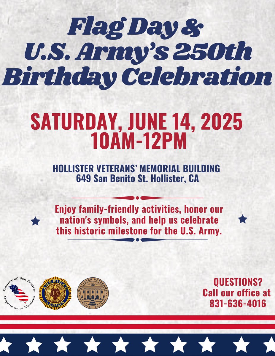 SBCVOTE's tweet photo. Join us for Flag Day &amp; U.S. Army’s 250th Birthday Celebration! 🌟🇺🇸 This special celebration is on Saturday, June 14th, 10am-12pm at the Veterans’ Memorial Building! #usarmy #community #celebration #flagday https://t.co/BvdNBITeP7