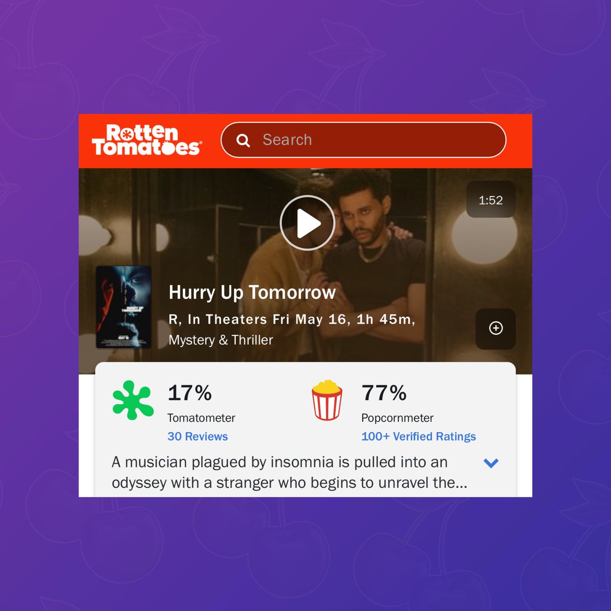 PopBase's tweet photo. ‘Hurry Up Tomorrow’ starring The Weeknd, Jenna Ortega and Barry Keoghan debuts with a score of 17% on Rotten Tomatoes. https://t.co/3JVFIUyZc1