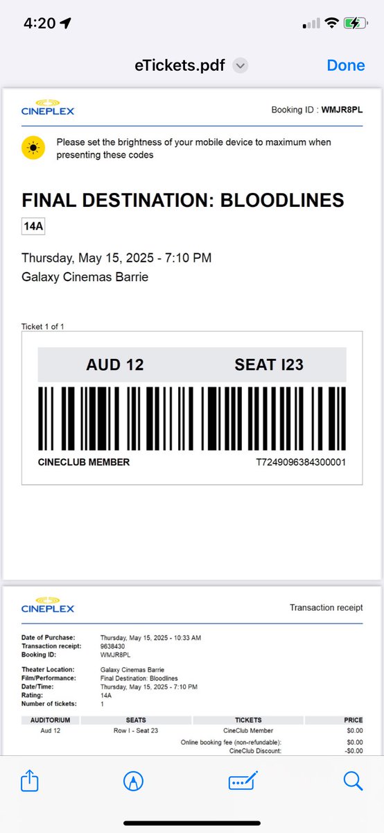 adaveslife's tweet image. @finaldestinationmovie #finaldestinationbloodlines seated let’s freaking gooo!!!! @cineplexmovies #cinaplex #cinama