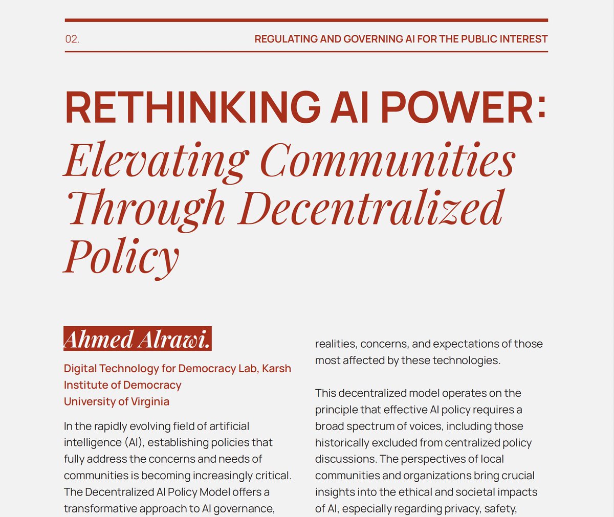 Curious about how decentralized AI policy can elevate community voices and reshape governance? Read my latest essay on empowering local stakeholders in AI policy.
libraopen.lib.virginia.edu/downloads/cc08…