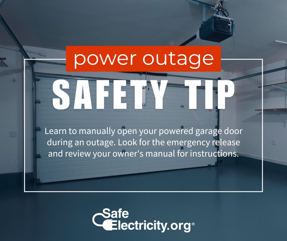 ⚡ Learn to manually open your powered garage door during a power outage. Look for the emergency release cord and review your owner’s manual for instructions. Teach other drivers and older kids in your family how in case of emergencies. #PowerOutage #SafeElectricity