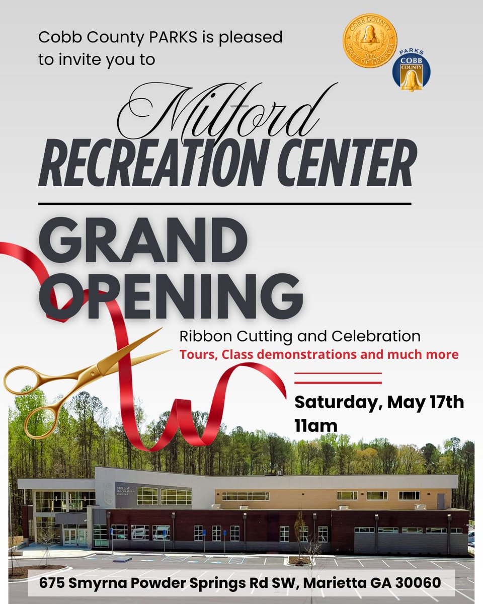 cobbcounty's tweet photo. 🎉 Big news for Cobb County! 
Join us for the grand opening of the Milford Recreation Center on Saturday, May 17!
 11 a.m. Ribbon-cutting 
🎈 12 noon – 4 p.m. Family fun, tour, activities, food
📍 675 Smyrna Powder Springs Road SW, Marietta (Next to Birney Elementary)
#cobbcounty https://t.co/sbF9upur8i