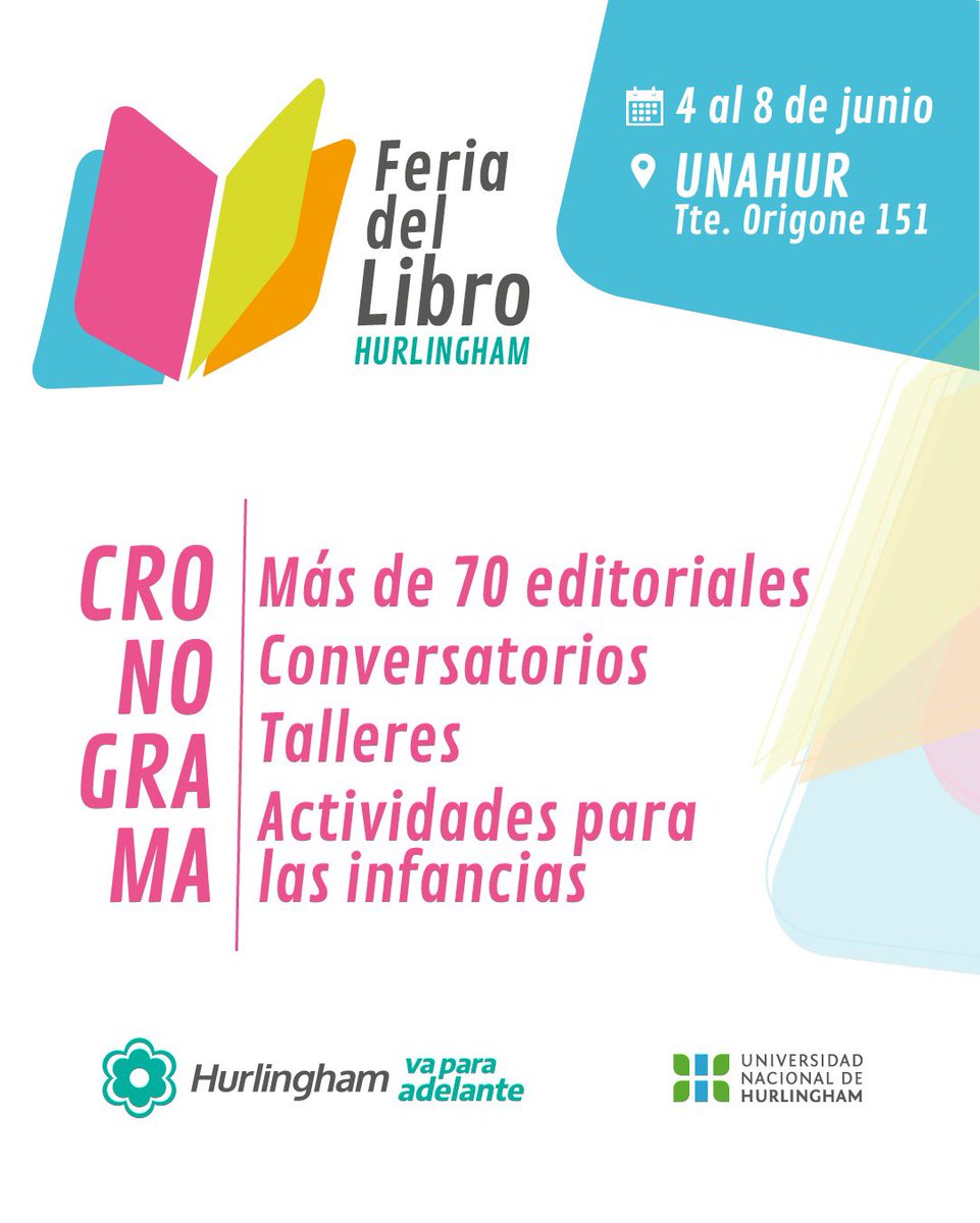 MuniHurlingham's tweet image. ¡SE VIENE LA FERIA DEL LIBRO DE HURLINGHAM! ✍🏽🌺 ¡NO TE LA PIERDAS! 
Del 4 al 8 de junio vamos a estar viviendo la Feria del Libro de Hurlingham en la UNAHUR, un espacio de encuentro con toda la comunidad para compartir charlas, talleres de literatura, arte, música y, ¡mucho más!