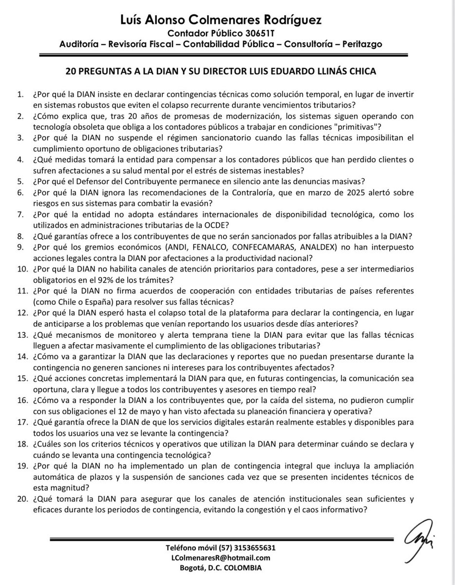 lcolmenaresr's tweet photo. #LaOpinionDeColmenares.    
 20 preguntas para exigirle respuestas claras a la DIAN, frente a la grave crisis de ineficiencia tecnológica y administrativa que atraviesa la entidad, para llamar la atención del país sobre el profundo impacto negativo que las fallas de la DIAN están generando en la economía, la confianza ciudadana y el ejercicio profesional de los contadores públicos y asesores tributarios. Hay que exigir explicaciones y soluciones reales, en lugar de excusas y medidas temporales.