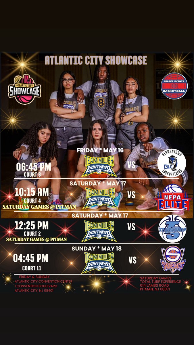 Atlantic City Showcase this weekend. <a href="/EliteTeamMiller/">Lance Miller</a> <a href="/emb_nj/">EMB_NJ</a> <a href="/NJLadiesHoops/">NJ Ladies Hoops</a> <a href="/1on1/">One On One</a> <a href="/WriterLeader247/">Leader Johnson</a> <a href="/opolclothing/">OpoL T-Shirts 🏀 - 🇺🇸 🏀dadager of Liana L.🏀</a> <a href="/MMBR_CoachGBell/">Major Movez Basketball Review #MMBR</a> <a href="/PeteTorresHCPJ/">Peter Torres</a> <a href="/carmelaarana11/">Carmela Arana</a> <a href="/HUSAYbasketball/">HUSAY_basketball</a> <a href="/coachschoiceusa/">COACH'S CHOICE USA</a>