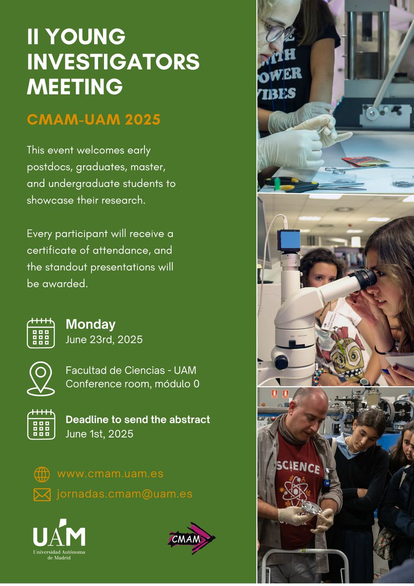 ¿Eres estudiante de grado, máster, doctorado, postdoc? Esta es tu oportunidad para dar visibilidad a tu investigación!

Inscripción gratuita

🗓️ Lunes 23, junio 2025
 📌Facultad Ciencias, <a href="/UAM_Madrid/">UAM Autónoma Madrid</a>

🔗bit.ly/43fV4N5

#YoungInvestigatorsUAM #CMAM2025 #UAM #cmamdivulga