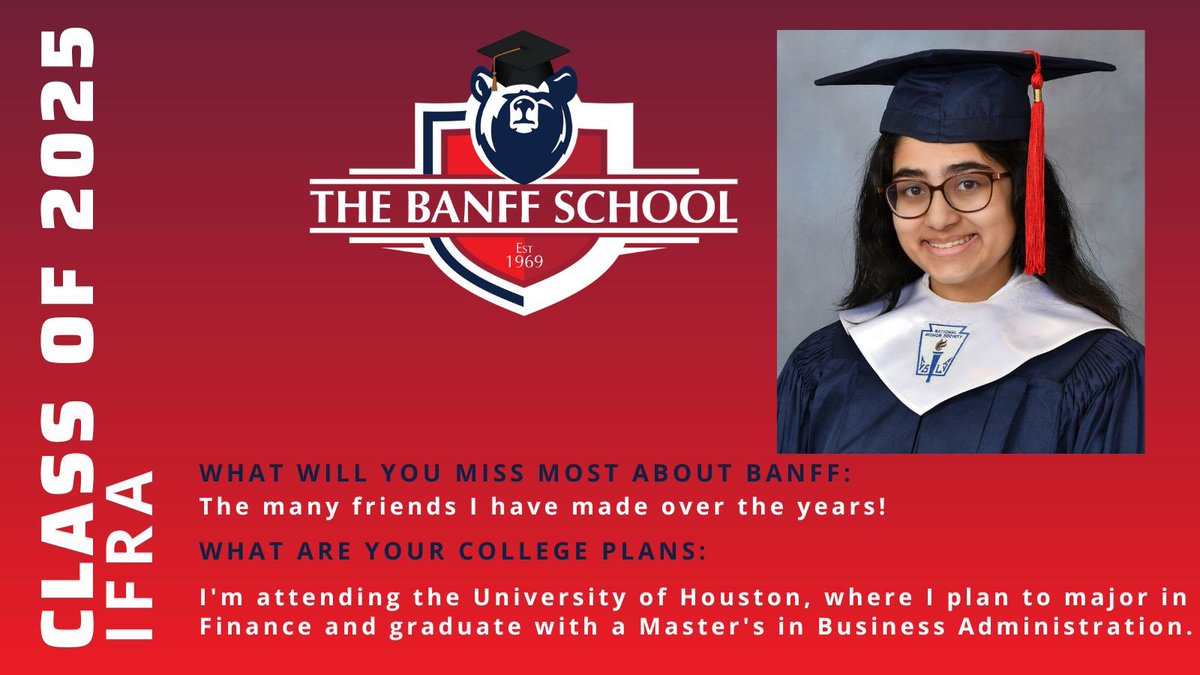 BanffHouston's tweet photo. 🎓 Senior Spotlight 2025 🌟
Today we’re celebrating Ifra, a dedicated student who's been part of our school family for years. Her passion, perseverance, and heart have left a lasting impact—and we know she’s destined for amazing things ahead. https://t.co/KLdsuDArJW
