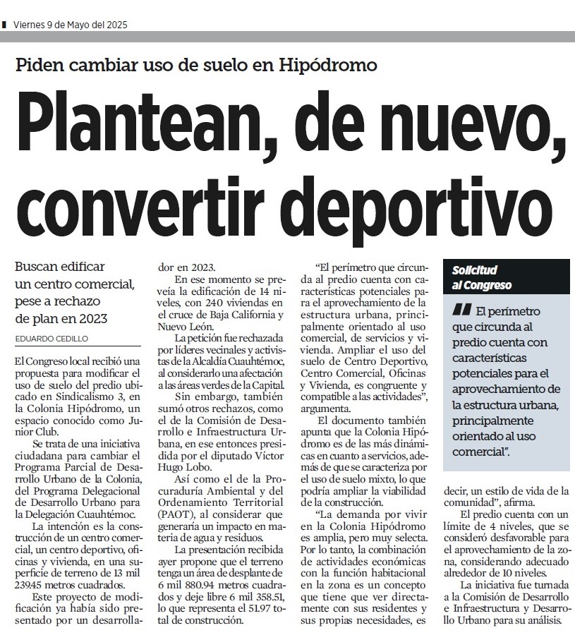 Increíble que en una ciudad que actualmente busca tener más áreas verdes, deportivas, agua y no más tráfico, gentrificación y un largo etc... alguien plantee convertir al Junior Club en un desarrollo comercial. Info vía @reformaciudad cc <a href="/GobCDMX/">Gobierno de la Ciudad de México</a> <a href="/AlcCuauhtemocMx/">Alcaldía Cuauhtémoc</a> <a href="/Congreso_CdMex/">Congreso de la Ciudad de México</a>