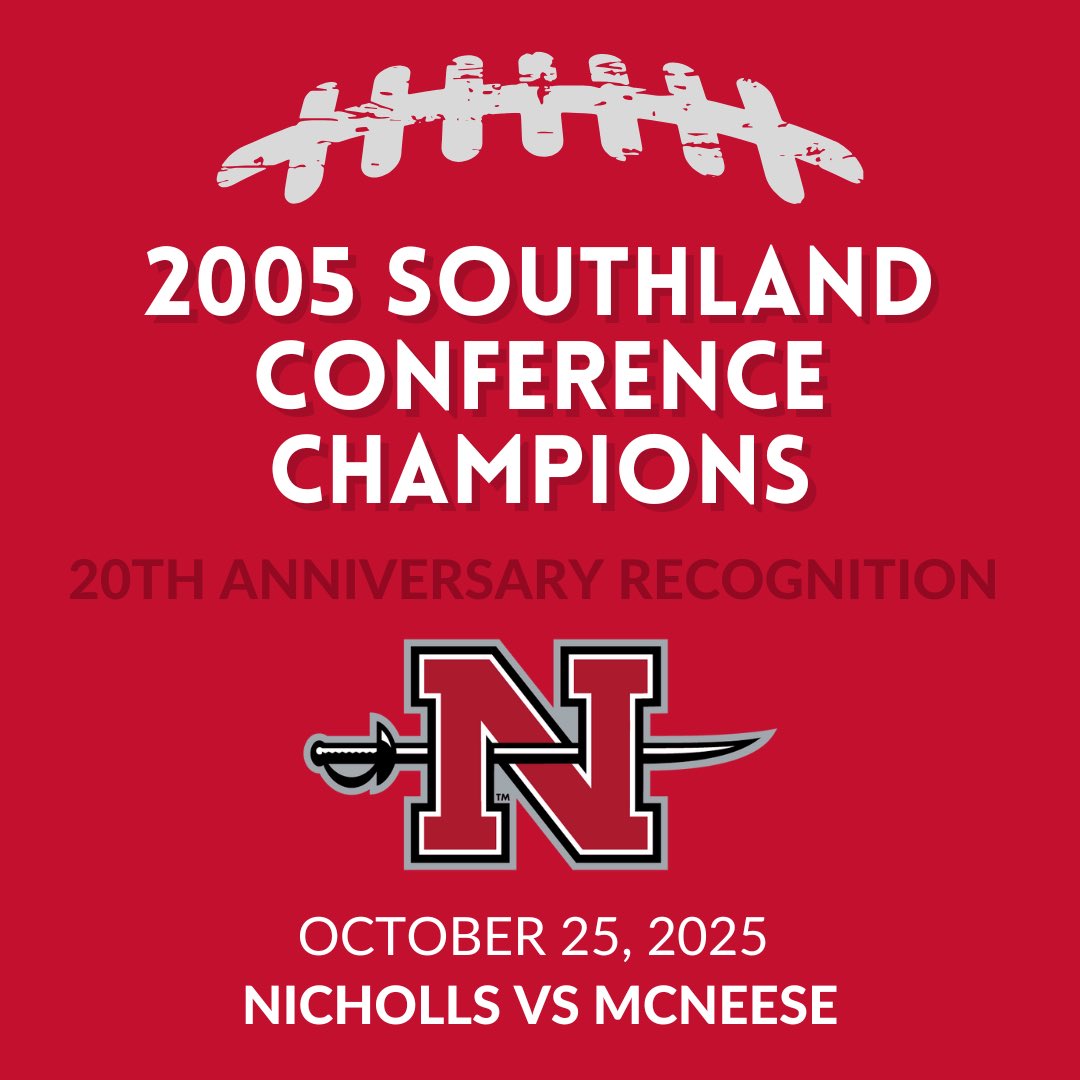 2005 Southland Conference Champions, 20th Anniversary - Saturday, Oct. 25, 2025 vs. McNeese. 

Calling ALL Daye/Thomas 99-09 Colonel Teammates, Coaches, Trainers, Boosters, Managers, Staff.

RSVP: forms.gle/Co4EzatvjwreVn…

Football Anniversary Jersey Link: athleticemb.com/nicholls-alumni