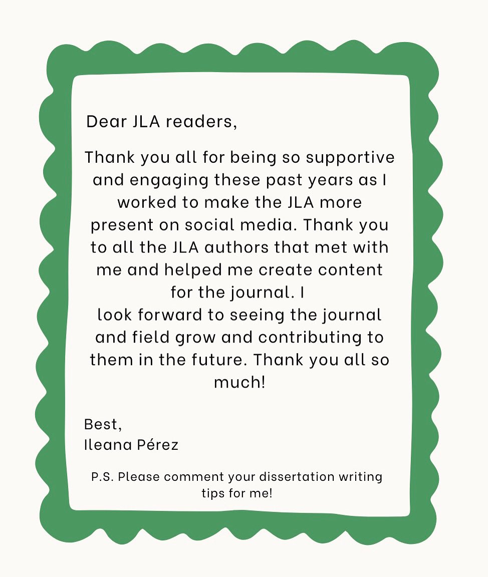 JournalLingAnth's tweet image. It has been a pleasure creating content for the JLA and creating social media posts for all your articles. My time with the JLA is up but I am excited to contribute to the field and journal in the future. Thank you for all the support and engagement.