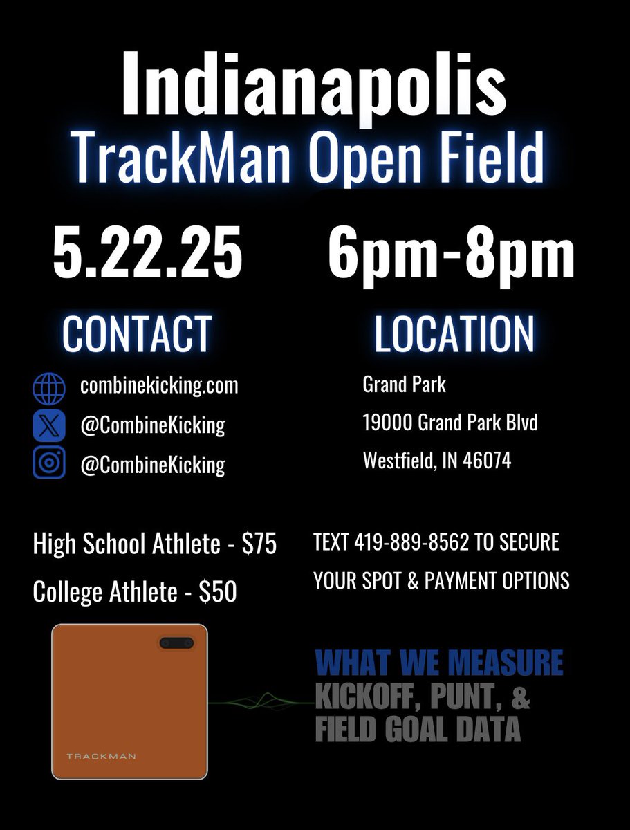 Combine Kicking™️ (@combinekicking) on Twitter photo First <a href="/TrackManFB/">TrackMan Football</a> Open Field in Indianapolis. Text or DM to secure your spot. Limited spots available! <a href="/CombineKicking/">Combine Kicking™️</a> First <a href="/TrackManFB/">TrackMan Football</a> Open Field in Indianapolis. Text or DM to secure your spot. Limited spots available! <a href="/CombineKicking/">Combine Kicking™️</a>