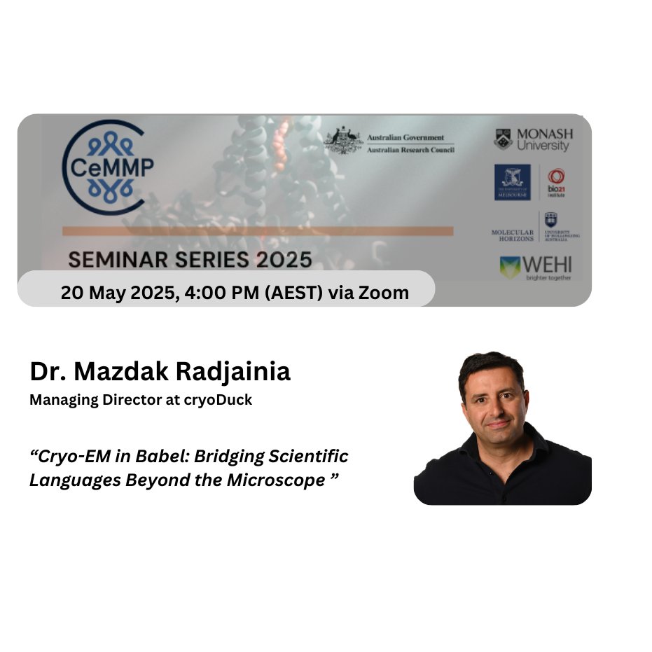 ARC CCeMMP (@ccemmp) on Twitter photo Special <a href="/arc_gov_au/">Australian Research Council</a> CCeMMP Seminar alert. ⏰ We welcome Dr. Mazdak Radjainia, Managing Director at cryoDuck!
“Cryo-EM in Babel: Bridging Scientific Languages Beyond the Microscope”
More info/register here:
ccemmp.org/events/ccemmp-… Special <a href="/arc_gov_au/">Australian Research Council</a> CCeMMP Seminar alert. ⏰ We welcome Dr. Mazdak Radjainia, Managing Director at cryoDuck!
“Cryo-EM in Babel: Bridging Scientific Languages Beyond the Microscope”
More info/register here:
ccemmp.org/events/ccemmp-…