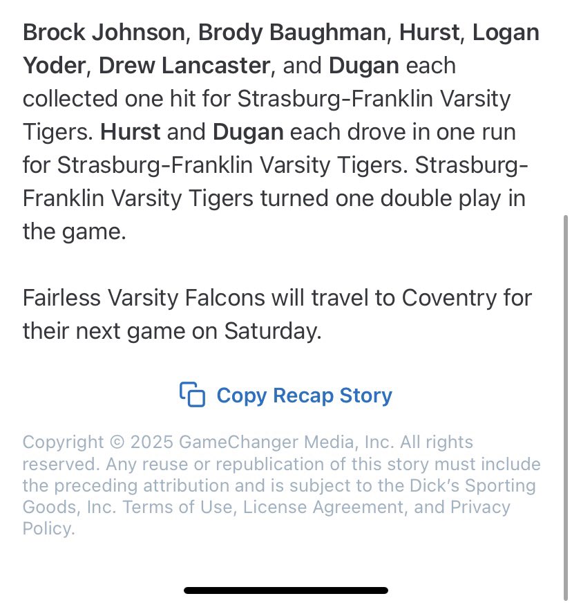 Falcons send the Seniors off right on Senior night with a 7-2 over Strasburg.  The boys will be back in action Saturday at Coventry, before opening up tournaments on Tuesday, hosting Martins Ferry in sectional championship.