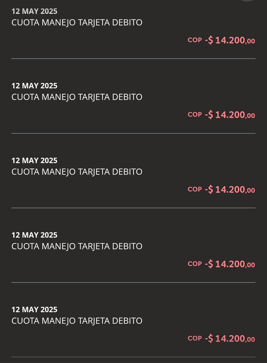 MileRV's tweet photo. @Bancolombia @SFCsupervisor @CanalRCN @canalcaracol @Citytv me descontaron 6 veces la cuota de manejo el 12 y el 15 de mayo, y la rta del asesor en linea es que ustedes no descontaron de noviembre a marzo entonces que decidieron que en mayo descontaban todo, que falta de respeto. https://t.co/zCZw6wfiEL