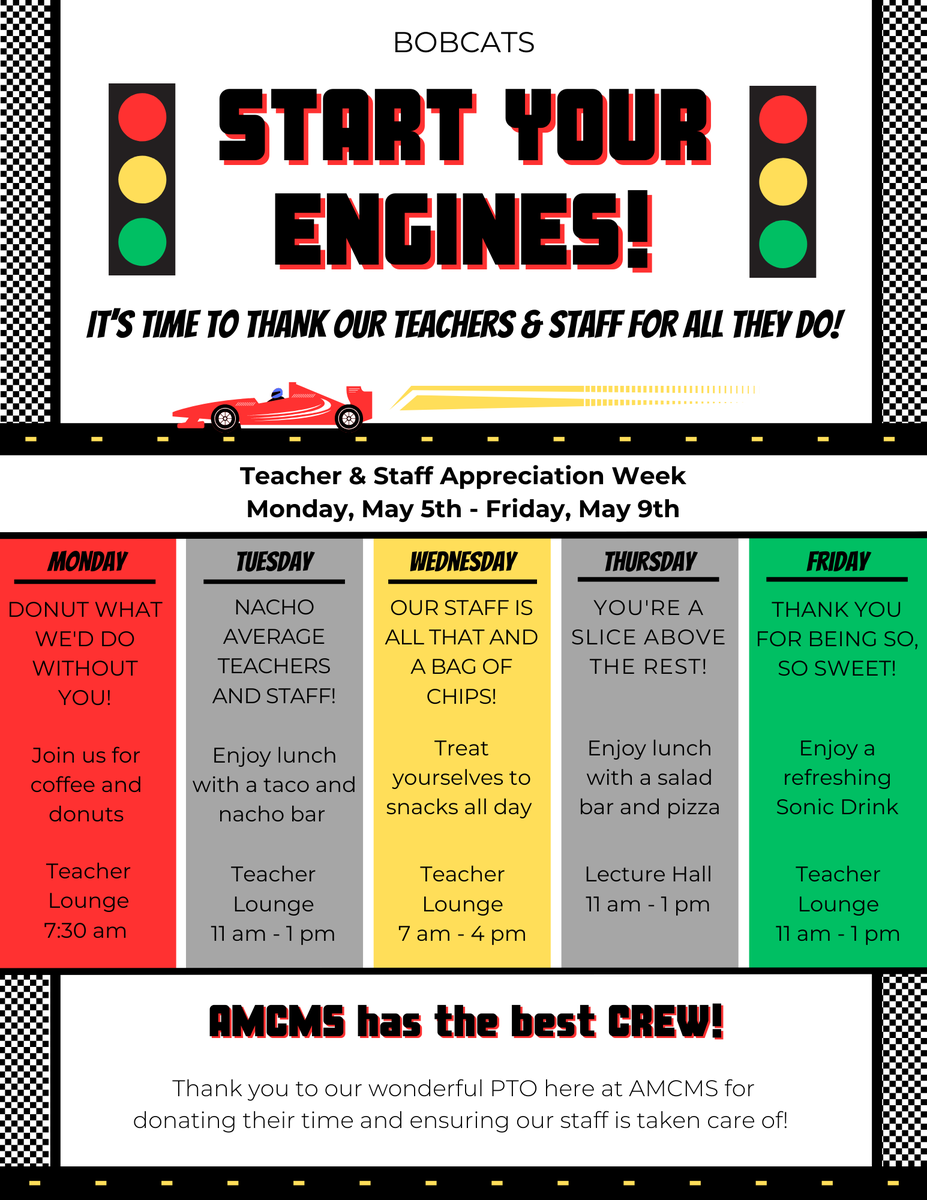 Happy Teacher Appreciation Week to Our Bobcat Country Educators!

To the incredible teachers who guide, inspire, and cheer on our AMCMS Bobcats—THANK YOU! From turning lessons into lightbulb moments to juggling grades, guidance, and growth with grace, you truly rule the school!