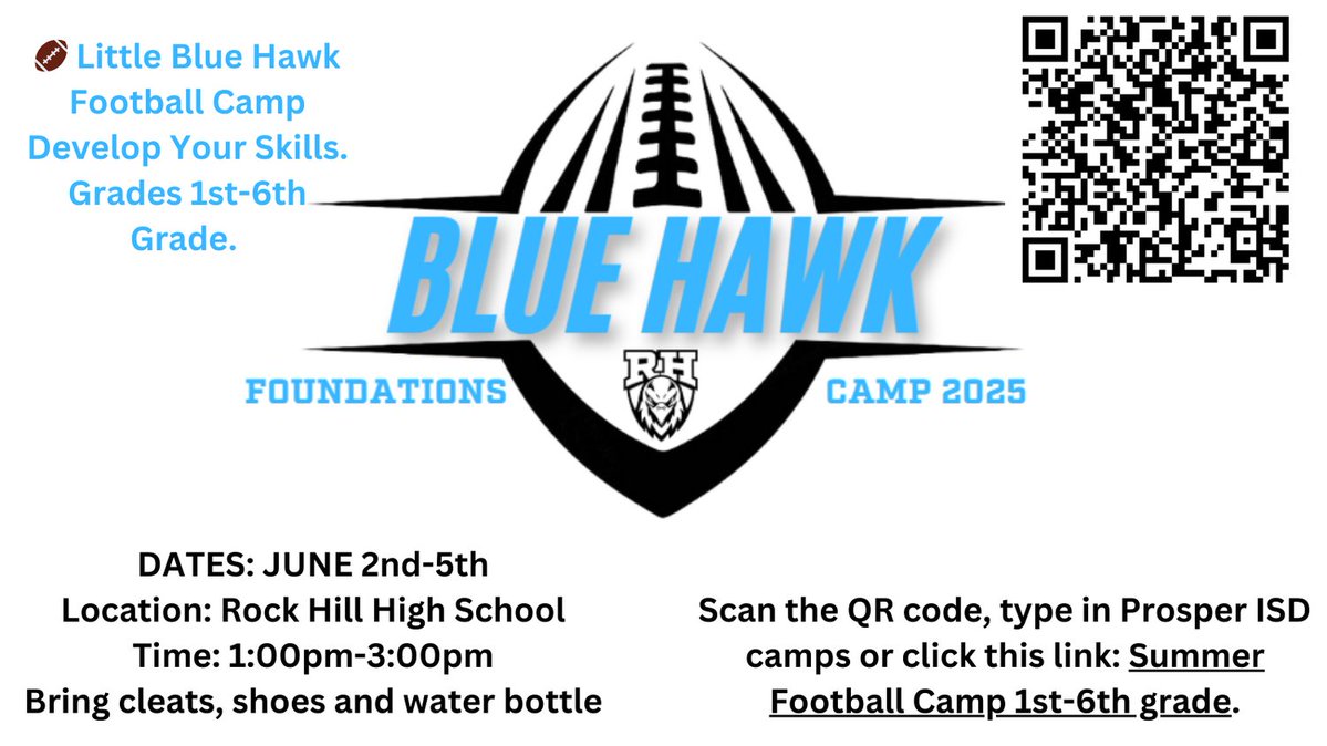Get signed up for Football Skills Camp 1st-6th grade!!!  This camp is designed to ignite a love for football and teach the fundamental skills needed to succeed on the gridiron. GO BLUE HAWKS!!!!