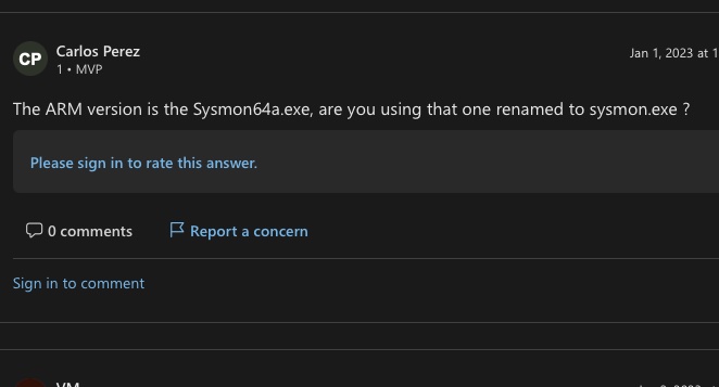 Christopher Peacock (@securepeacock) on Twitter photo Shoutout to <a href="/Carlos_Perez/">Darkoperator | 🇺🇦</a> for pointing this out. There's now a Sysmon for ARM, sysmon64a.exe. Shoutout to <a href="/Carlos_Perez/">Darkoperator | 🇺🇦</a> for pointing this out. There's now a Sysmon for ARM, sysmon64a.exe.