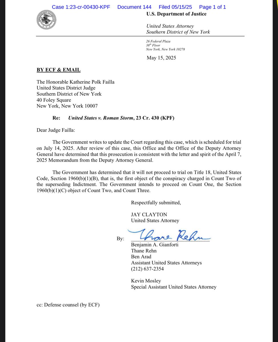 It seems like the DOJ has made a half-hearted concession that amounts to an ineffectual splitting of the baby in Tornado Cash. 

Initial impression is this reads like a meek partial compliance with the Blanche memo. That being said, it is a step in the right direction.