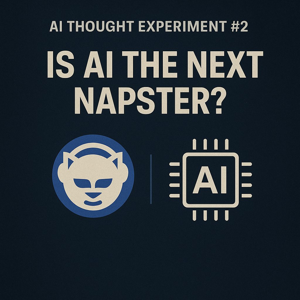 AI THOUGHT EXPERIMENT #2
🎶 Is AI the next Napster?

Napster shattered the music industry. Revenue collapsed.
It took years — and iTunes — to recover, with entirely new pricing models.

Now, AI isn’t just disrupting music.
It’s coming for film, games, books... all of it.

What ha