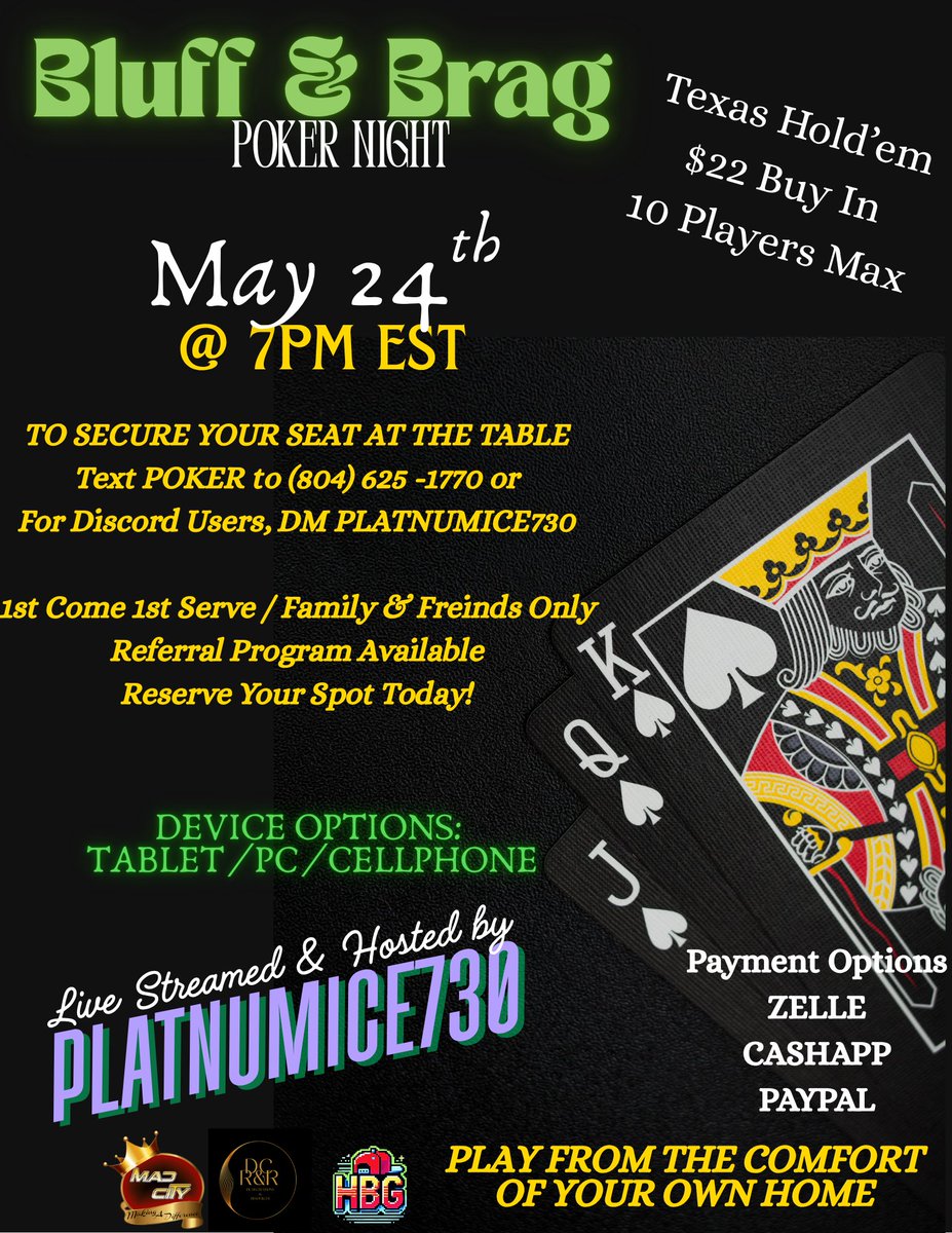 DCRECREATIONS's tweet photo. ♣️♥️♠️♦️Bluff &amp; Brag Poker Night | May 24
Big bluffs. Bigger brags. Pull up if you think you got what it takes! May 24th😉😎
#PokerFace  #Discord #GamersUnite #TwitchStreamers #GamingNews #pokernight #winning #tournament #onlinegaming #makingadifference #tapin #FamilyFun #play https://t.co/WjKYYs8u2Y
