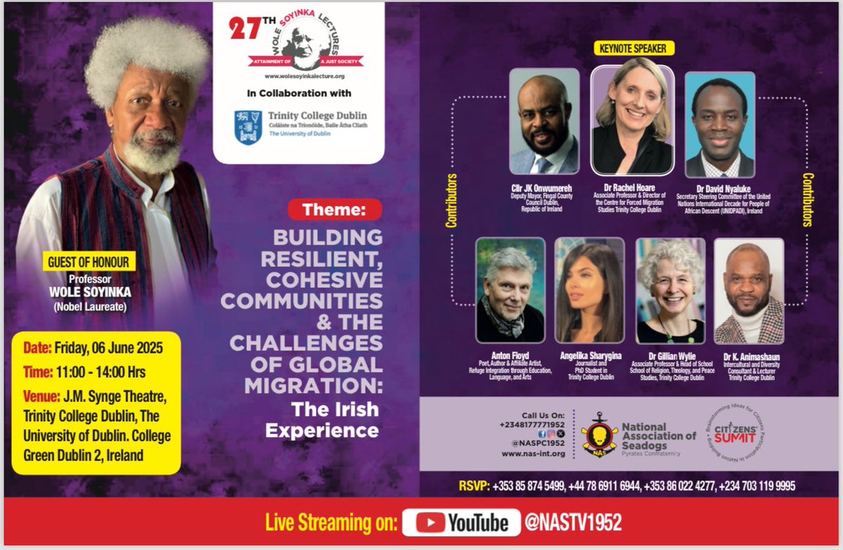 NASPC1952's tweet image. Reserve your Spot

The 27th Wole Soyinka Lecture, in collaboration with the Centre for Forced Migration - Trinity College Dublin, is billed to open up global conversation on the humanitarian crises of forced migration across the globe.

Join us as we facilitate this critical…