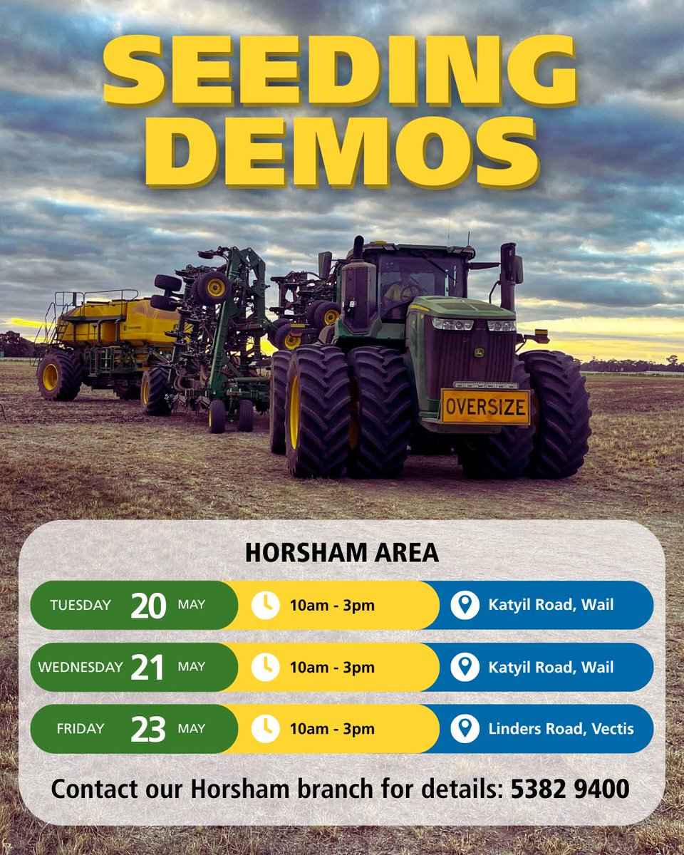 NEXT WEEK! Horsham area seeding demos 🌱 🚜 
Get up close and personal with John Deere seeding gear including the P660 bar and C-Series air cart. For more details, contact our Horsham team on 5382 9400.

Seriously, you gotta see this new gear in action!

#Emmetts #JohnDeere