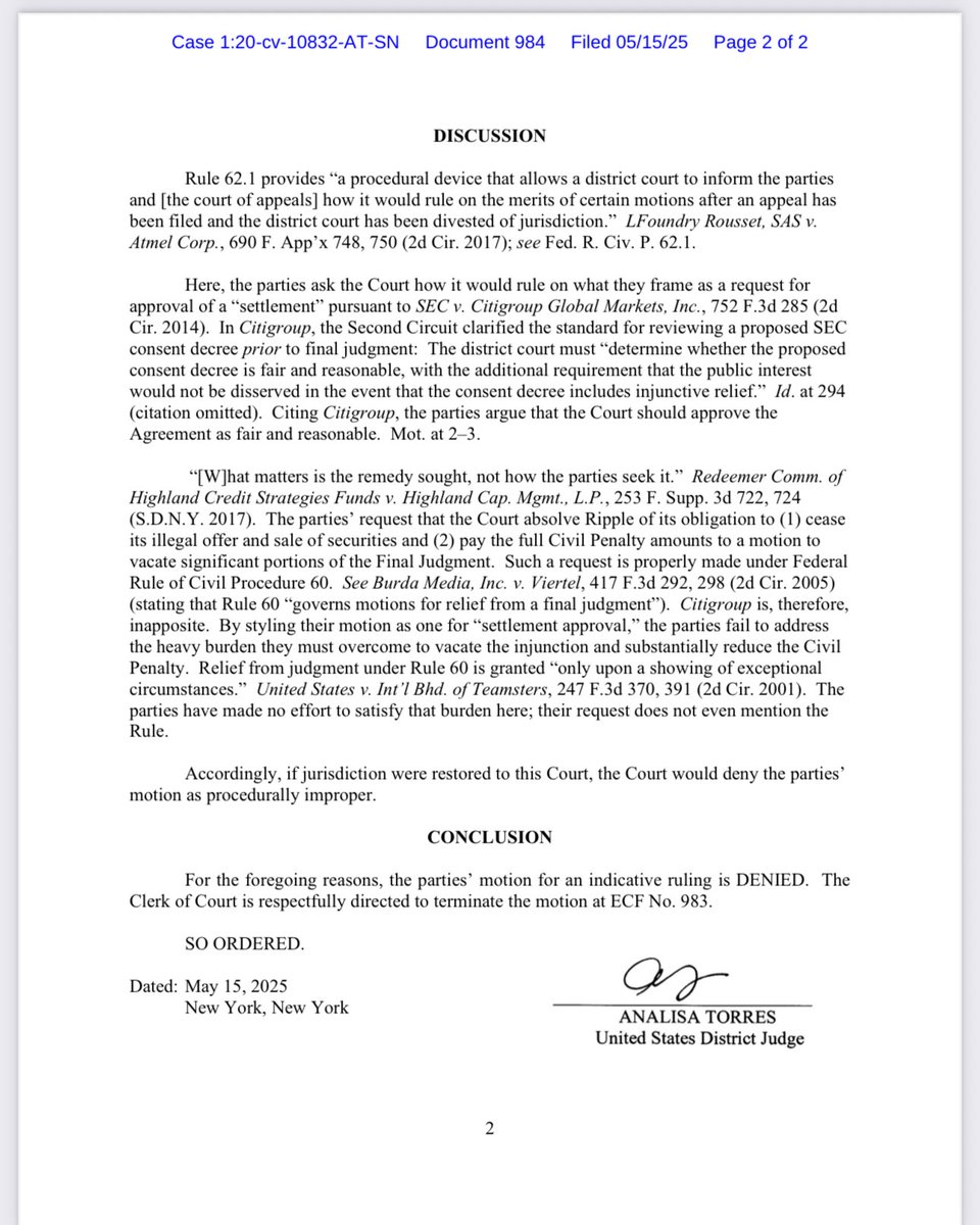 #XRPCommunity #SECGov v. #Ripple #XRP Judge Torres has denied the parties’ motion for an indicative ruling.  “If jurisdiction were restored to this Court, the Court would deny the parties’ motion as procedurally improper.”