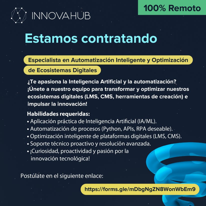 InnovaHubCol's tweet image. No olvides postular en el siguiente enlace forms.gle/mDbgNgZN8WonWb…
¡Esperamos conocerte muy pronto!

#TrabajoSiHay #ofertalaboral #empleo #trabajoremoto #IA #Optimizaciondeprocesos #AI