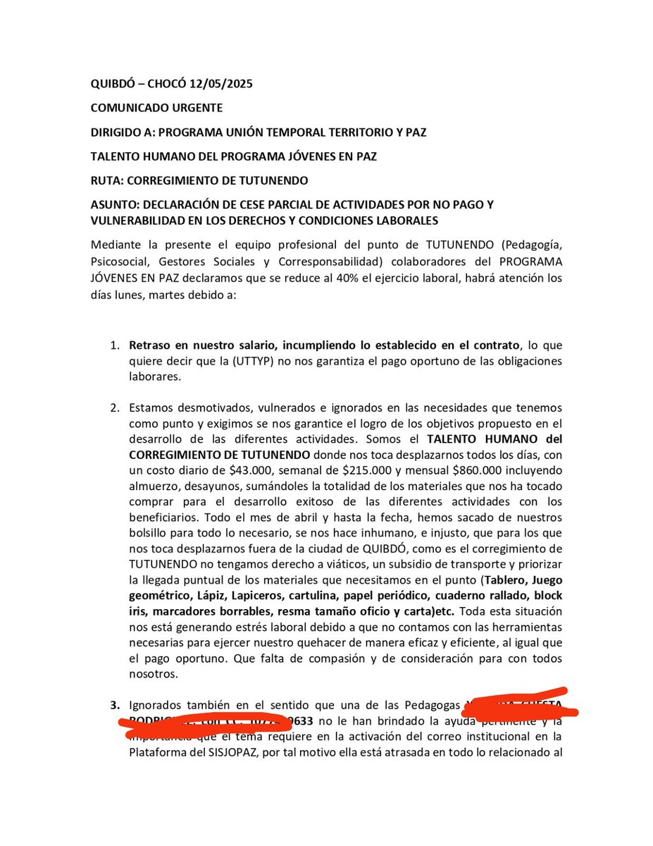 SINDIPAZCOL's tweet photo. 🚨 Pronunciamiento de lxs compañerxs del municipio de #Tutunendo, #Chocó. Se reduce la atención en un 40% por cuenta de los incumplimientos de la Unión Temporal Territorio y Paz y de @MinIgualdad_Col https://t.co/wbBYIkXpGD