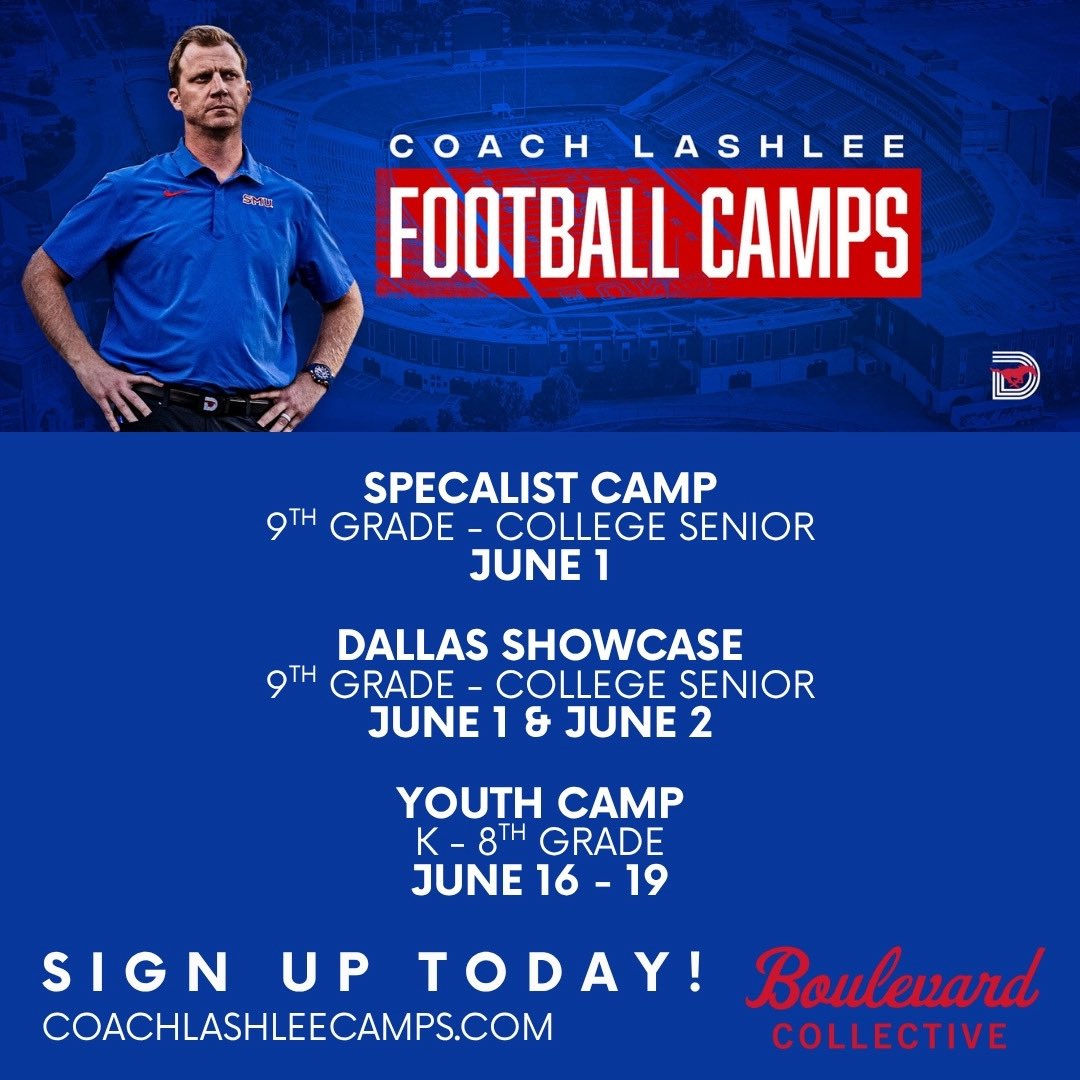Visit COACHLASHLEECAMPS.COM Be great to see you at Mustang FB Camp!