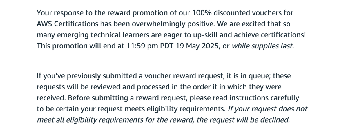 AngelofVerdant's tweet photo. If you haven't submitted   the 100% voucher request reward for AWS Certification on Emerging Talent Community, please do so before 10pm May 19th. After that you will not be eligible to receive the 100% voucher https://t.co/3y3yAU9QQ8