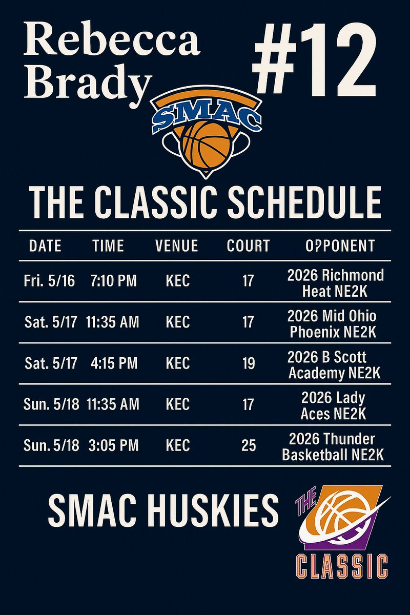 Here is my schedule for The Classic this weekend! <a href="/DY_WBB/">D'Youville University Women’s Basketball</a> <a href="/WVUTech_WBB/">WVU Tech Women’s Basketball</a> <a href="/DefiCollegeWBB/">Defiance College Women's Basketball</a> <a href="/MUCrusadersWBB/">Madonna Women's Basketball</a> <a href="/SAUCougarsWBB/">Spring Arbor Women's Basketball</a> <a href="/LTUAthletics/">LTU Athletics</a> <a href="/LourdesWBB/">Lourdes WBB</a> <a href="/IWU_WBB/">IWU WBB</a> <a href="/HUWBB/">Huntington University WBB</a> <a href="/BULadyCatsBBall/">Bethel University Women's Basketball</a> <a href="/ocu_wbb/">Oakland City University Women's Basketball</a> <a href="/SMWCwbball/">SMWC Women's Basketball</a>