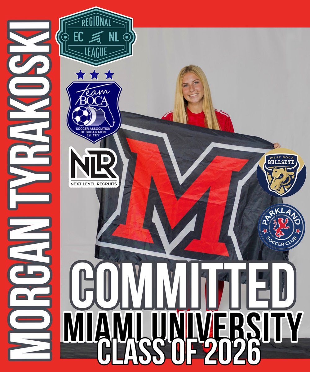 Congratulations Morgan!!! Morgan Tyrakoski from our U17 ECNL-RL team is heading to Miami University to continue her academic and soccer career!. <a href="/TheECNL/">The ECNL</a> <a href="/ECNLgirls/">ECNL Girls</a> <a href="/USClubSoccer/">US Club Soccer</a> <a href="/CityBocaRaton/">City of Boca Raton</a> <a href="/pbcgov/">Palm Beach County</a>