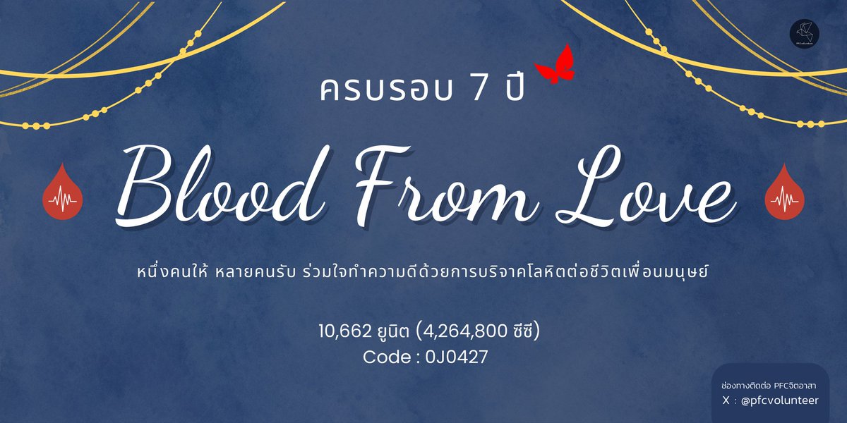 PFCvolunteer's tweet photo. ขอเชิญชวน นุช/นุชา, ผู้สนับสนุน
มาร่วมกันเพิ่มยูนิตให้ครบ 

🦋 10,702 ยูนิต 🦋

ครบรอบ 7 ปี Code.0J0427

ในวันอาทิตย์ที่ 25 พฤษภาคม 68
เวลา 8.30-14.00 น.

# 7ปี0J0427
# BloodFromLove87th
#เป๊กผลิตโชค
#PeckPalitChoke https://t.co/VeczeQOq5C