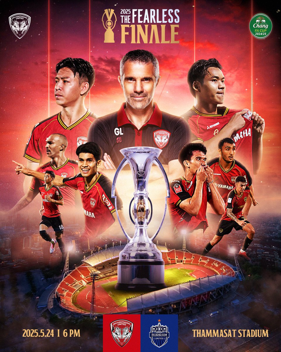 MuangthongUtd's tweet photo. 🇬🇧🇹🇭 THE FEARLESS FINALE! 🔥 Muangthong Utd vs Buriram Utd in the Chang FA Cup Final! ศึกชิง ช้าง เอฟเอ คัพ สุดยิ่งใหญ่! เมืองทอง ปะทะ บุรีรัมย์!
รวมพลังกิเลนผยองส่งเสียงเชียร์ให้ก้องสนามธรรมศาสตร์! Let's make Thammasat ROAR! 🔴⚫️
🗓️ Sat, May 24 พ.ค.
⏰ 6 PM | 18:00 น.
🏟️ Thammasat Stadium ธรรมศาสตร์ สเตเดียม
📺 Live TrueVisions Now
🎟️ Get your tickets! ซื้อตั๋วเลย! 👇
https://t.co/JcEi0vm1oQ
COME ON YOU KIRIN! สู้โว้ยเมืองทอง!
#MTUTD #BuriramUnited #ChangFACupFinal #ช้างเอฟเอคัพ #ThaiFootball #FearlessFinale #กิเลนผยอง #ไทยลีก #FootballRivalry #MTUFC