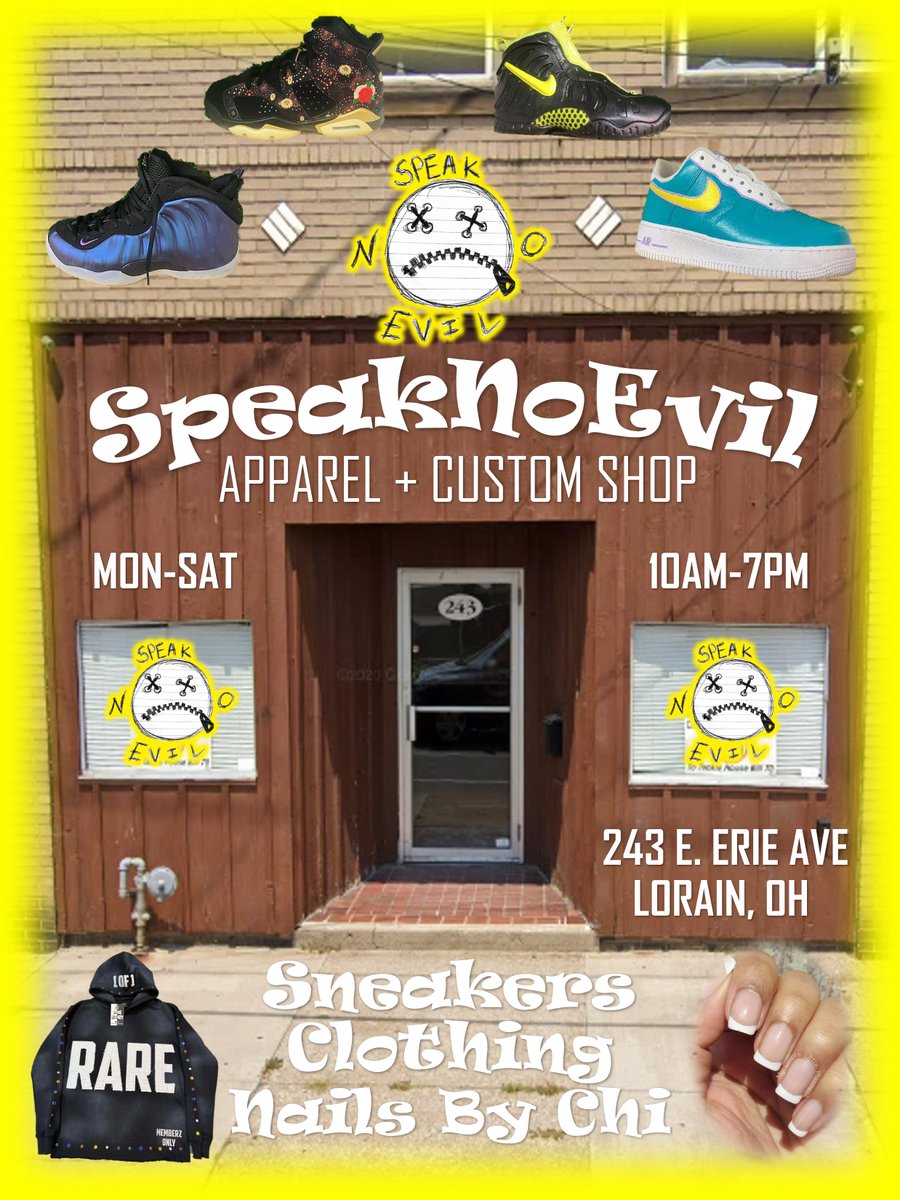 CEOExclusive's tweet photo. If you are in Ohio and trna get fresh, rock with the best! SPEAK NO EVIL Appareal, Customs + Nail Shop! PULL-UP! 243 E. ERIE AVE | LORAIN, OH | MON-SAT (10AM-7PM) https://t.co/sFnJlsLWxu https://t.co/XBJMx93LQL